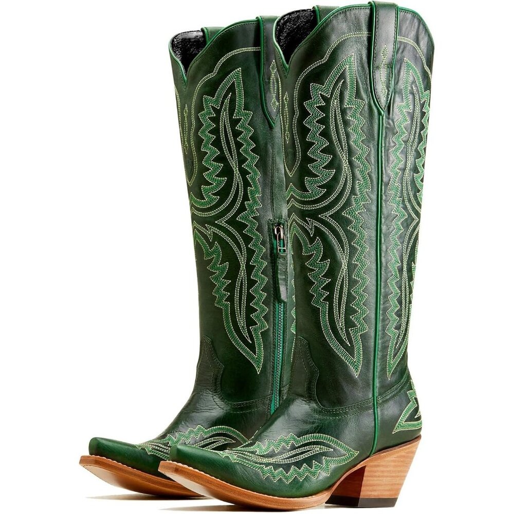 Women's Vintage Chunky Tall Knee High Heel Western Green Embroidery Boots - Picture 1 of 1